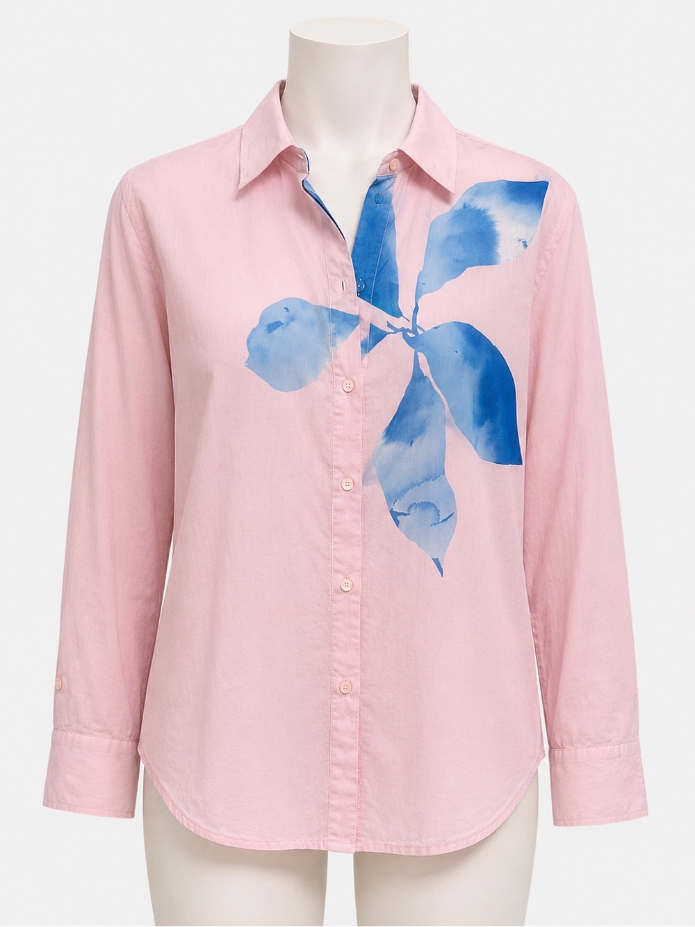 Women's Pink Button-Down Shirt with Blue Floral Print